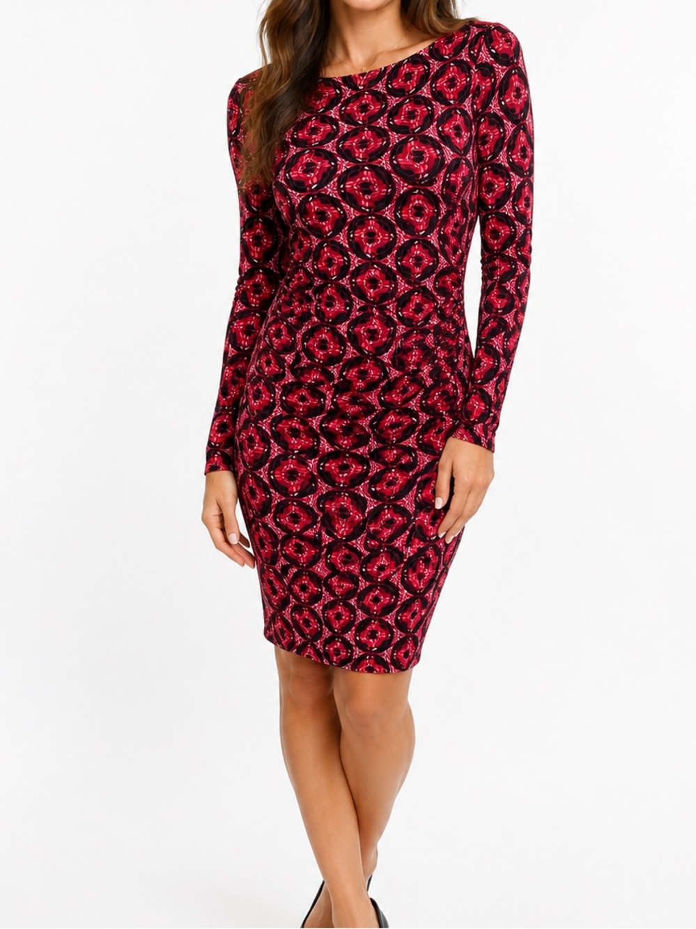 Tory Burch Red/Black Geometric Print "Corrine" Long Sleeve Bodycon Dress S